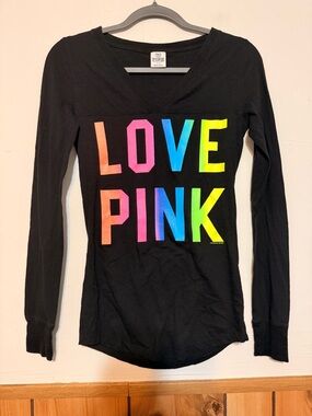 PINK Victoria's Secret Black Long Sleeve 'LOVE PINK' Rainbow Logo Top
